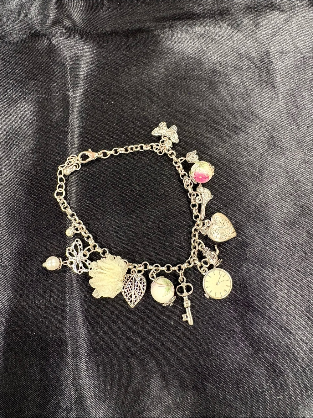 Silver-tone Charm Bracelet with Pink Rose Accent